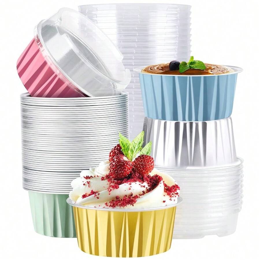 EUSOAR Cupcake Cups With Lids, Pack Of 50 5oz Assorted Colors Muffin Liners, Disposable Aluminum Foil Cupcake BaFKing Cups Ramekins, Dessert Containers, Aluminum Foil Cupcake Holders Pans With Lids - 5色混合A - 查看 1