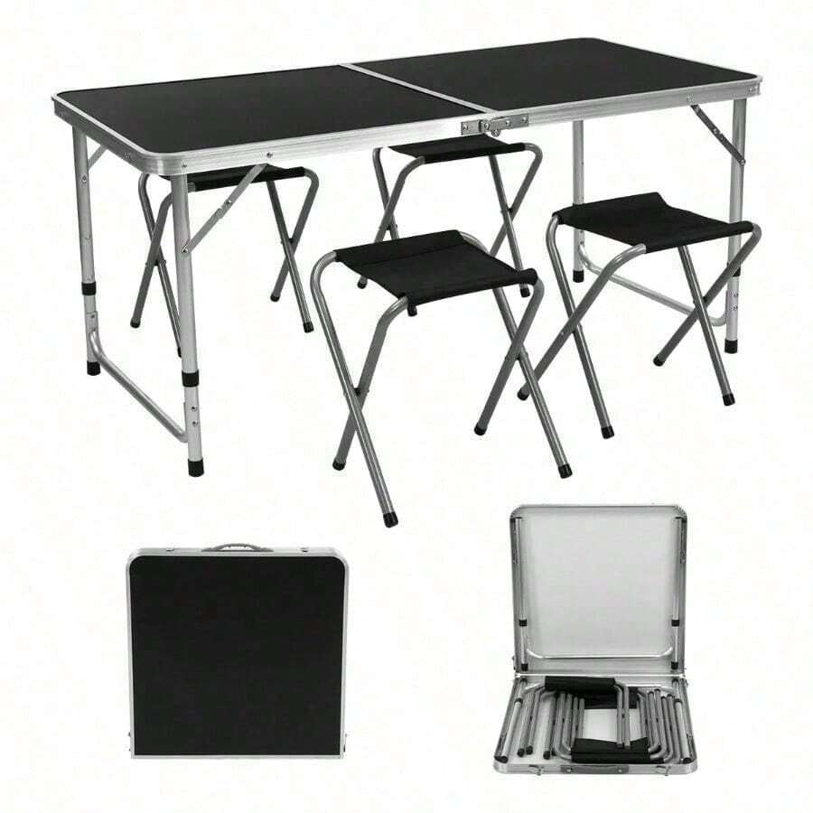 Mesa Plegable Tipo Portafolio 4 Bancos Para Jardín Portátil Color Negro - Negro1 - Ver 1