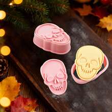 8 piezas Juego de cortadores de galletas con diseño de esqueleto de dibujos animados, moldes creativos DIY para fiestas con tema espeluznante | Sello de fondant con partes anatómicas de estilo gótico - Rosa - Ver 4