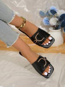 1 Pair Elegant Women's Square Toe Metal Buckle Sandals, Minimalist Open Toe Slip-On, Comfortable For Daily Wear, Beach Vacation, Metallic Gold Beach PU Leather Flat Slide Sandals For Women, Spring/Summer/Autumn - Black - View 6
