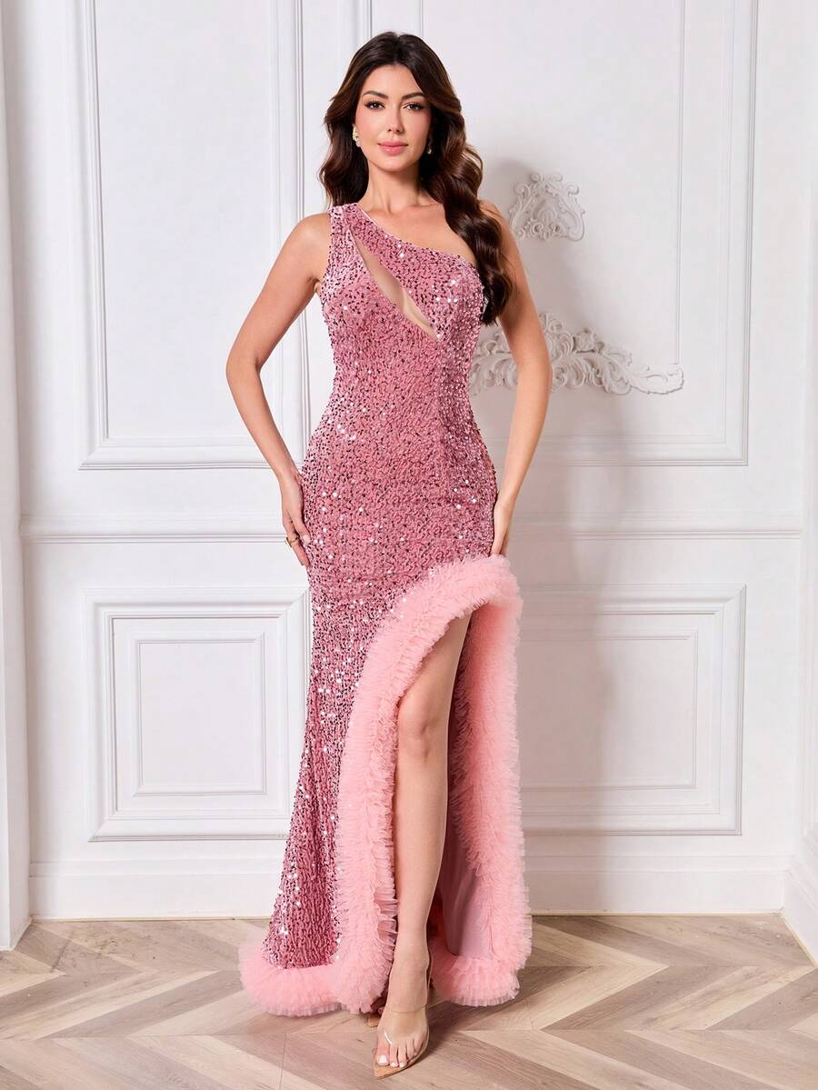 Elisanya Đầm dạ hội sang trọng, gợi cảm, thiết kế bất đối xứng/khoét vai lệch, phối lưới, xẻ tà cao, phù hợp cho các bữa tiệc, hẹn hò, dự tiệc cưới. - Bụi hồng - Xem 1