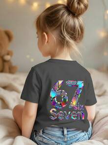 Young Girl Casual Graphic Print Crew Neck Short Sleeve T-Shirt, Summer Top - Dark Grey - View 1