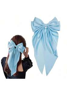 1/2pcs Large Satin Bow Hair Clips, Women/Girls Silky Hair Barrettes With Long Ribbon Tails, White Bow Hair Clips, Wedding Hair Accessories, Ladies Hair Claws, School Supplies, Head Accessories, Hairpin,Summer,Holiday,Travel - Baby Blue - View 7