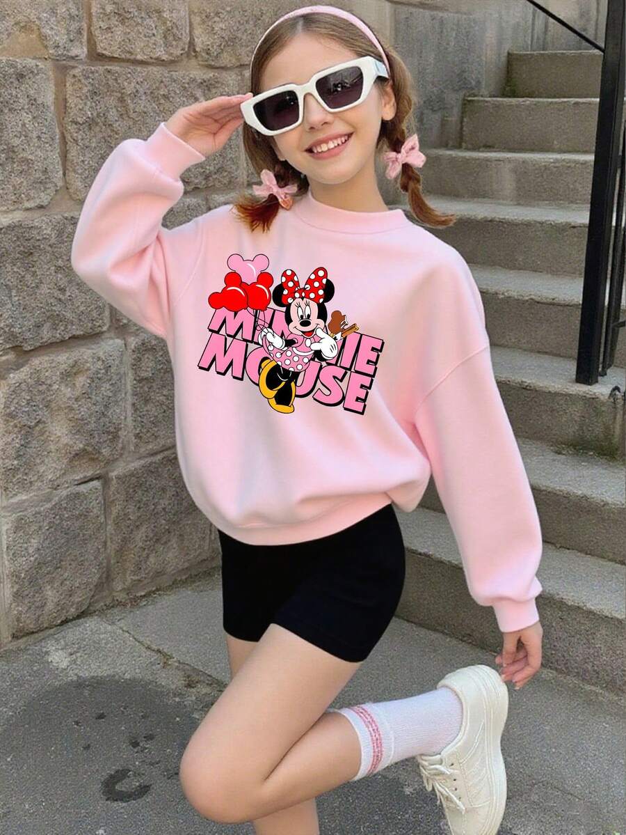 1pc Disney Minnie Mouse Joyful Character & Cheerful Accent Design Tween Girl Bright Style Sweatshirt - Skin-Friendly & Lightweight, Great For Everyday Wear & Family Gatherings - Hồng - Xem 1