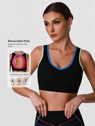 Sodalemon Áo ngực thể thao phối màu dành cho nữ, kiểu dáng khoét lưng, co giãn, thích hợp cho yoga, tập luyện và các hoạt động thể thao thường ngày.