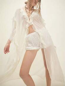 Women Chiffon See Through Flowy Maxi Top Tie Front Kimono Cardigan Sheer Long Sleeve Ruffled Duster Layering Shirt Cover Up - 象牙白 - 查看 1