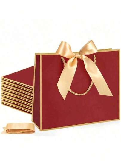 5Pcs Exquisite Paper Red Gift Bag With Gold Bow, Thickened Gift Wrapping Bag, Lightweight Portable Gift Bags, Suitable For Christmas Holiday Birthday Wedding Anniversary Party, Great For Family Friends Guests Small Business Appreciation Gifts, Chic Gift Packaging Bags