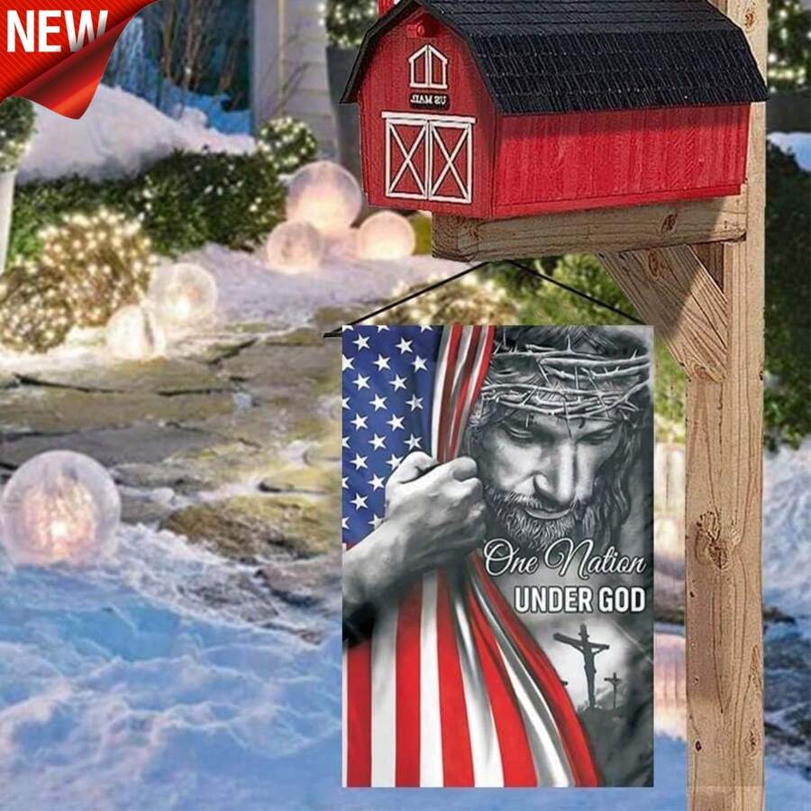 American USA Christian Patriotic Garden Flags Double Sided Outdoor: One Nation Under God With Jesus Cross Bible Verse Vertical Hanging Banner, 12x18 Inch Weather Resistant Polyester For Front Porch Lawn Patio Garden Church Decor, God Bless America Independence Day 4th Of July Memorial Day Veterans Day Religious Holiday Gift Home Faith Welcome Sign - 多色 - 查看 1