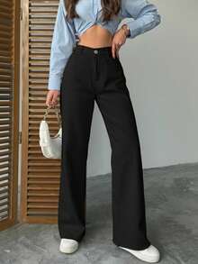 Women's Waist Buckle Design Pockets Loose Wide Leg Casual Denim Jeans - Black - View 2