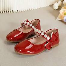 1 Pair Cute Red Mary Jane Flats For Girls, Decorated With Pearls And Bows, Round Toe Design, Suitable For Spring, Summer, Autumn, Winter, Daily Wear, School, Parties And More, Showcasing Charming Style. - Red - View 8