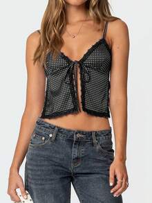 Women Tie Front Split Cami Tank Top Y2K Dots Print Lace Trim Spaghetti Strap V Neck Slim Fit Camisole Crop Tops Sexy Backless Sleeveless Low Cut Vests Shirts Summer Going Out Tops Streetwear - 黑色 - 查看 3