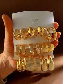 3-9 Pairs Luxury Thick Gold Hoop Earrings For Women, Low Allergy Thick Gold Earrings, Suitable For Valentine's Day, Mother's Day, Best Friend Gifts, Versatile Daily Wear - Gold - View 8