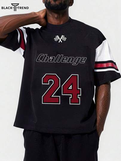 黑色男士街头休闲撞色短袖T恤，夏季