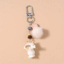 1pc Unisex New Korean Cute Eating Fish Cat Keychain, Cartoon Fish Pom Pom Beaded Phone Strap, Backpack Car Key Chain, Party Birthday Holiday Gift - Multicolor - View 1