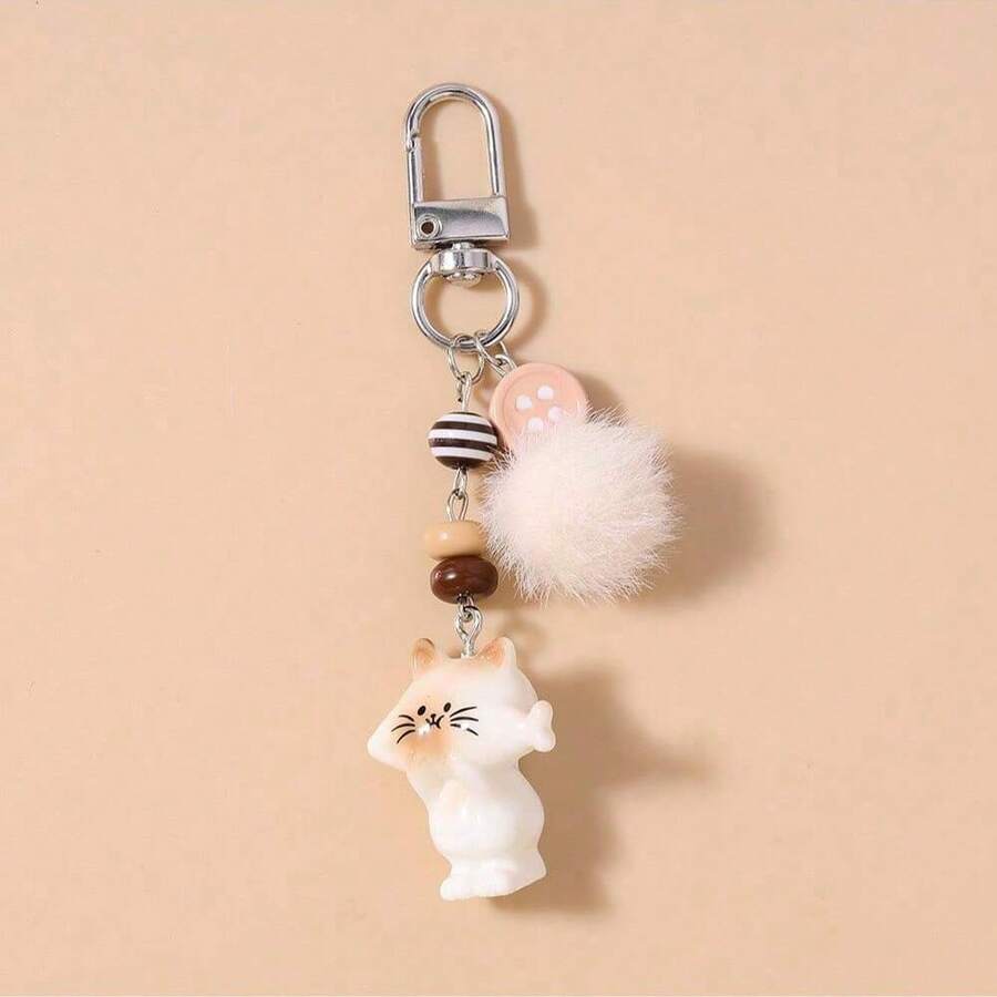 1pc Unisex New Korean Cute Eating Fish Cat Keychain, Cartoon Fish Pom Pom Beaded Phone Strap, Backpack Car Key Chain, Party Birthday Holiday Gift - Multicolor - View 1