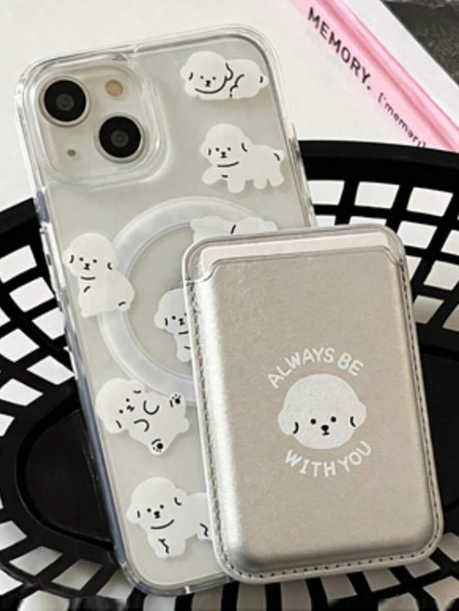 1个透明磁吸手机壳，白色小狗图案 + 磁吸PU皮革卡套，防震手机保护套，兼容 11/12/13/14/15/16/17/Pro Max - 無色 - 查看 1