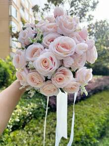Bridal Wedding Bouquet With Heart-Shaped Diamond Ribbon Decor, Artificial Rose Flowers, Suitable For Destination Wedding Ceremony, Anniversary, Valentine's Day Decoration - Multicolor - View 12