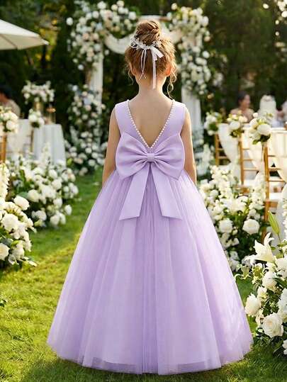 Girls' Elegant Purple Bowknot Pearl Backless Long Dress, Princess Gown For Flower Girl, Party, Wedding, Birthday, Prom, Graduation, Easter, Vacation