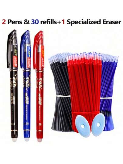 33 piezas Juego de bolígrafos de gel borrables, incluye 2 bolígrafos + 30 recambios + 1 borrador, 0.5mm, bolígrafos de tinta negra/azul/roja, suministros de escritura y papelería
