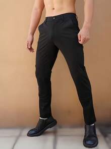 Men's Regular Fit Straight Leg Pants With Slant Pockets, Zipper Closure, Suitable For Spring, Autumn And Winter, Business Casual Trousers - Black - View 1