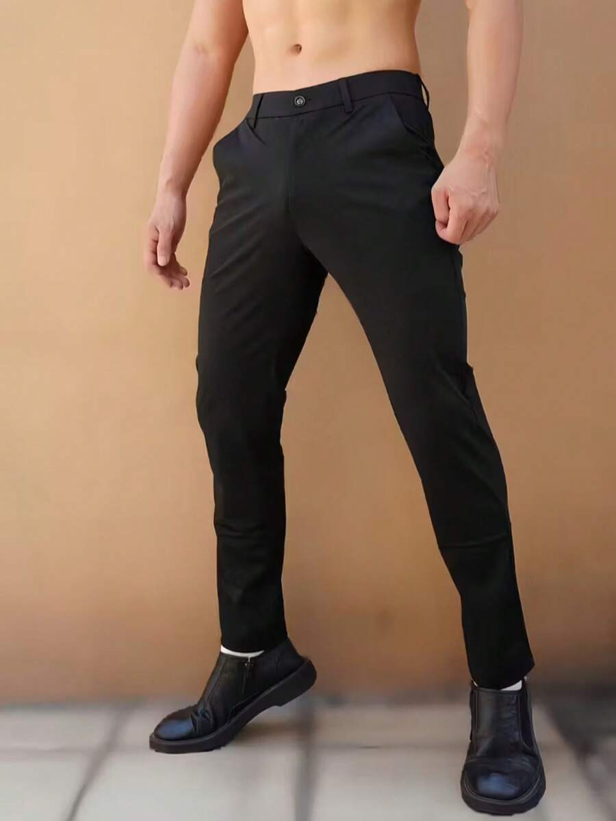 Men's Regular Fit Straight Leg Pants With Slant Pockets, Zipper Closure, Suitable For Spring, Autumn And Winter, Business Casual Trousers - Black - View 1