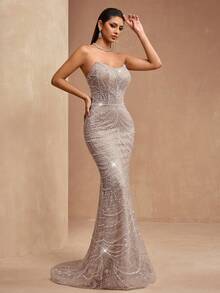 AMILUCK New Luxury High-End Sequin, Sequins, Lace Strapless Sexy Dignified Elegant Backless Mermaid Tail Dress, Formal Evening Gown For Wedding Party Guest Spring - 杏色 - 查看 5