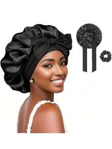 1pc Satin Adjustable Soft Elastic Sleep Cap, Suitable For Women With Curly/Braided Hair, Black + Green - Multicolor - View 7