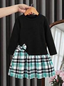 Vestido Manga Longa Evasê Feminino, Design com Laço de Contas, Adequado para Escola e Uso Diário, Estampa Xadrez Impressa Digitalmente, Tecido Confortável - Preto - Visão 1