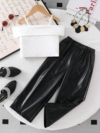 Bộ 2 món thời trang mùa hè kiểu Âu Mỹ cho bé gái, áo thun không tay và quần ống đứng cạp chun, thoải mái, mềm mại, đa năng, thích hợp cho hoạt động ngoài trời, dự tiệc, quà sinh nhật.