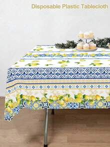 1pc Lemon Plastic Tablecloth, Yellow & Blue Floral Geometric Pattern Rectangular Disposable Table Cover, Italian Theme Decor, Mediterranean Blue Summer Home Kitchen Dining Table Decor, Wedding Bridal Shower Party Supplies - Multicolor - View 9