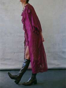 Women Chiffon See Through Flowy Maxi Top Tie Front Kimono Cardigan Sheer Long Sleeve Ruffled Duster Layering Shirt Cover Up - 紫色 - 查看 1