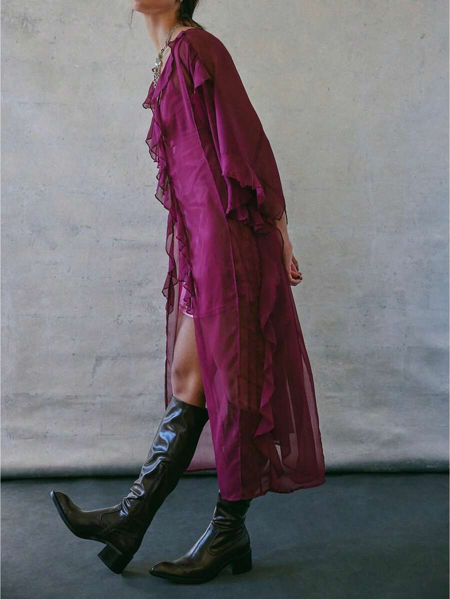 Women Chiffon See Through Flowy Maxi Top Tie Front Kimono Cardigan Sheer Long Sleeve Ruffled Duster Layering Shirt Cover Up - 紫色 - 查看 1