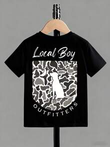 Local Boy Outfitters Camo Dog Cartoon Print Short-Sleeve T-Shirt For Children And Babies, Suitable For Both Boys And Girls, A Comfortable And Casual Minimalist Round-Neck Top For Year-Round Wear, Perfect For Everyday Outfits, Vacations, Parties, And Photo Activities. - màu đen - Xem 3