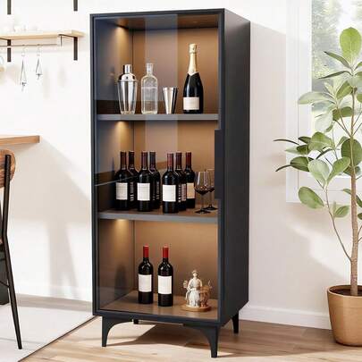 酒棚 大容量 3段 多段 ワインラック 密閉可能 自立式 木製 ワインバ キャビネット ウイスキ 棚 防塵 厚手 酒類収納ラック