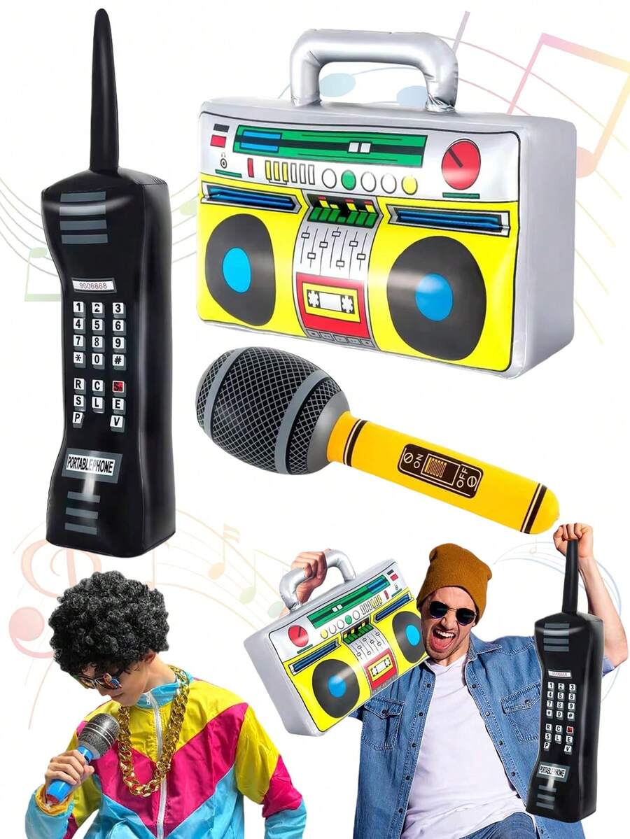 1/3件充氣收音機喇叭,大型80年代與90年代充氣道具,麥克風、收音機與手機形狀充氣道具,適用於80年代90年代派對裝飾、嘻哈主題、生日派對用品 - 多色 - 查看 1