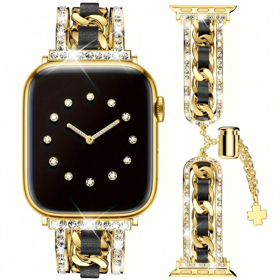 1pc Minimalist & Fashionable Watch Band, Compatible With Apple Watch 38/40/41/42/44/45/46/49mm, Sparkling Crystal Unique Design, Adjustable Bracelet Style Strap, Suitable For Apple Watch Ultra 2/1 Series 10/9/8/7/6/SE/5/4/3/2/1 (Band Only) - Gold - View 1