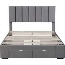 Upholstered Velvet Bed 140 X 200 Cm, Slatted Base, Headboard, 4 Drawers, Grey - Grey - View 12
