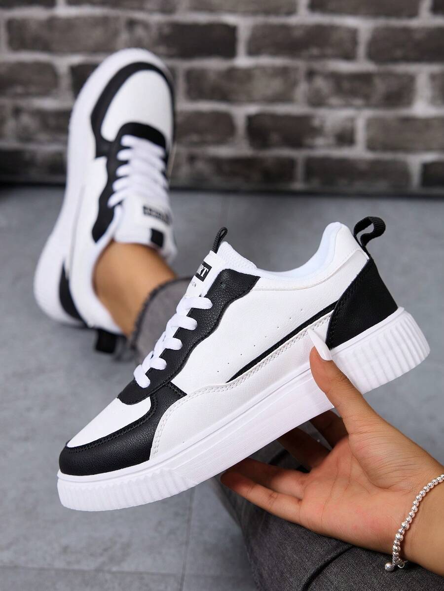 男士简约系带休闲运动鞋，高性价比白色运动鞋，多功能软底滑板鞋 - 黑色 - 查看 1