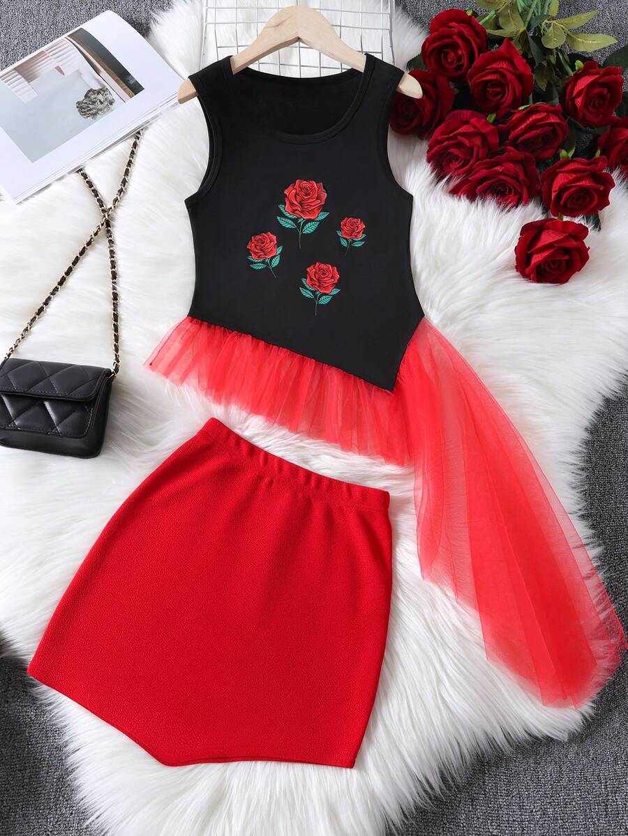 2pcs/Set Girls Rose Floral Print Vest Top & Mesh Hem Skirt Set, Spring/Summer - Black - View 1