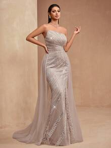 Elisanya AMILUCK Đầm đuôi cá đuôi cá cao cấp sang trọng mới, đính sequin dày, sequin, ren với lớp phủ lưới xuyên thấu - Màu be - Xem 8
