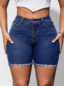 New European And American Style Dark Blue Stretch Denim Shorts, Simple And Fashionable. Suitable For Dating, Work And Daily Elegant Wear Casual Summer - Blue - View 4