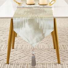Beige Table Runner 120 Inches Long Abstract Lines Geometric Table Runners With Ring Stylish Tassels For Living Room Bedroom Holidays Events Dinner Dresser Art Decor - Màu be - Xem 3