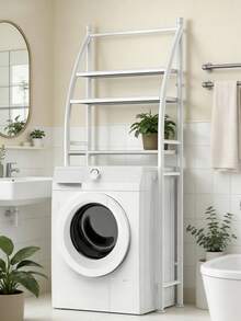Giá phơi đồ ba tầng bằng kim loại này bao gồm cả giá treo khăn và có thể chứa máy giặt và bồn cầu. Các kệ chứa đồ được bố trí phía trên máy giặt và máy sấy, giúp tiết kiệm không gian và sắp xếp đồ đạc. - trắng - Xem 8