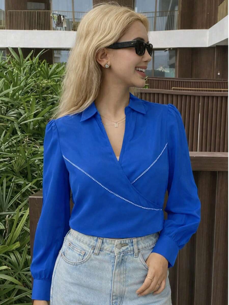 Blusa bonita de moda para mujer unicolor con piedras - Azul - Ver 1