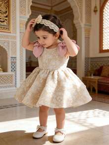 XUMPLO 女婴优雅金色3D立体花朵肩部蝴蝶结无袖短款派对礼服，公主裙，适合生日、派对、节日穿着 - 卡其色 - 查看 3