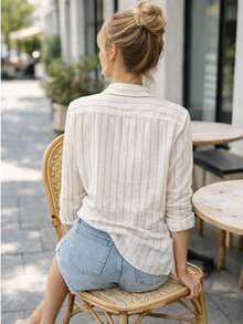 Linen Button-Down Shirt, Beach Cover-Up, Long Sleeves, Striped, Polyester, Button-Down, Vacation, Diary, Travel, Summer. - White and Beige - View 2