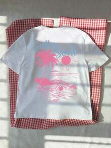SALTY Women's Spring/Summer Coconut Tree & Sunshine Print Short Sleeve Shirt, Round Neck Casual Top, Versatile Daily Vacation Wear - 白色 - 查看 6