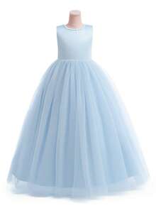 Girls' Elegant Blue Bowknot Pearl Backless Long Dress, Princess Gown For Flower Girl, Party, Wedding, Prom, Graduation, Easter, Vacation - 淺藍色 - 查看 7