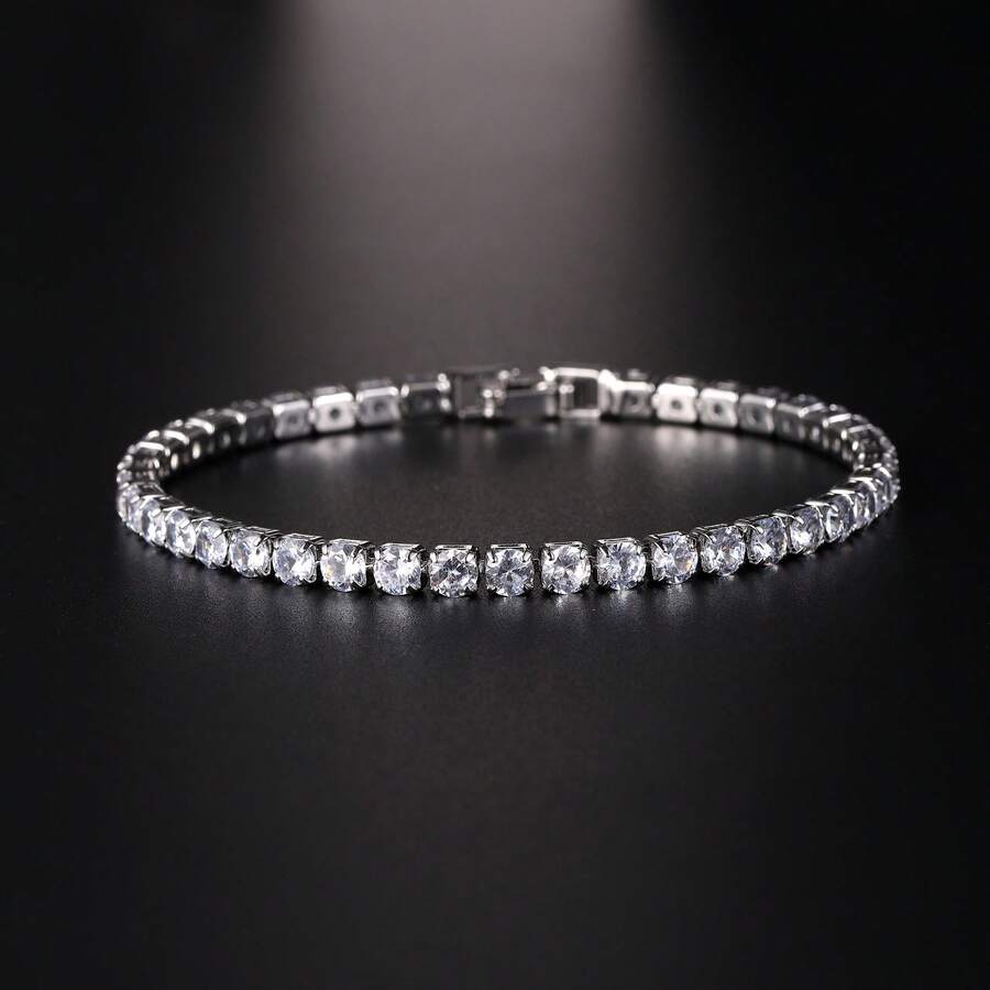 1pc Round Cubic Zirconia Single Strand Tennis Bracelet, Unisex Fashion Accessory Suitable For Daily Wear And Parties, Jewelry Gift - Tennis Bracelet - View 1