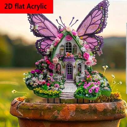 2D Flat, 1pc 2D Acrylic Butterfly House Garden With Vibrant Floral Design - Perfect For Planters, Outdoor Decor And Valentine's Day Gifts, Garden Decor | Decorative Art Style | Acrylic Garden , 2D Flat. Suitable For 11 Holidays